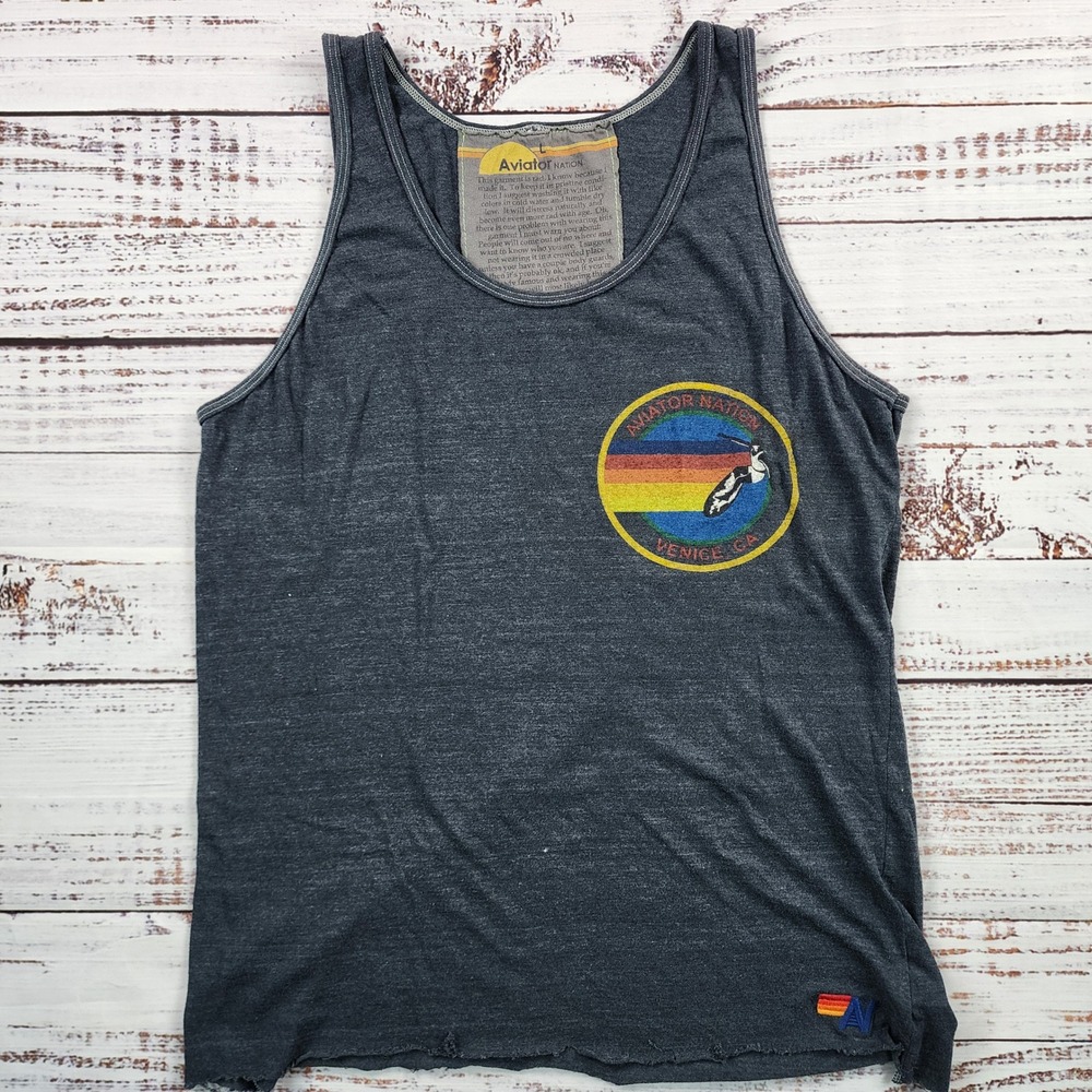 Aviator Nation Mens Tank Top Charcoal Gray Venice CA Rainbow Wave Graphic L